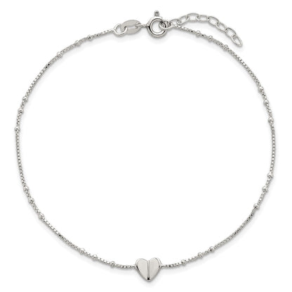 Sterling Silver Polished and Beaded Heart 9in Plus 1in Ext Anklet