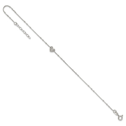Sterling Silver Polished and Beaded Heart 9in Plus 1in Ext Anklet