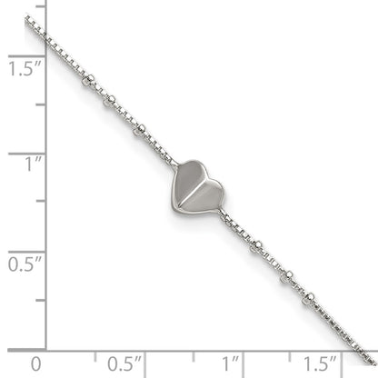 Sterling Silver Polished and Beaded Heart 9in Plus 1in Ext Anklet