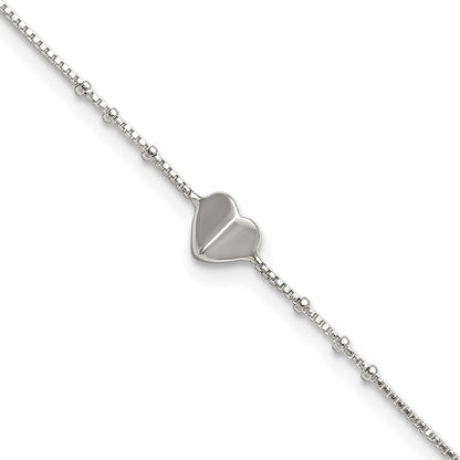 Sterling Silver Polished and Beaded Heart 9in Plus 1in Ext Anklet