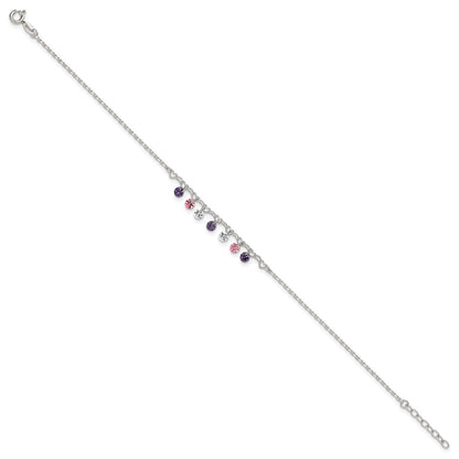 Sterling Silver Polished Multicolor CZ and Hearts 9in Plus 1in Ext Anklet