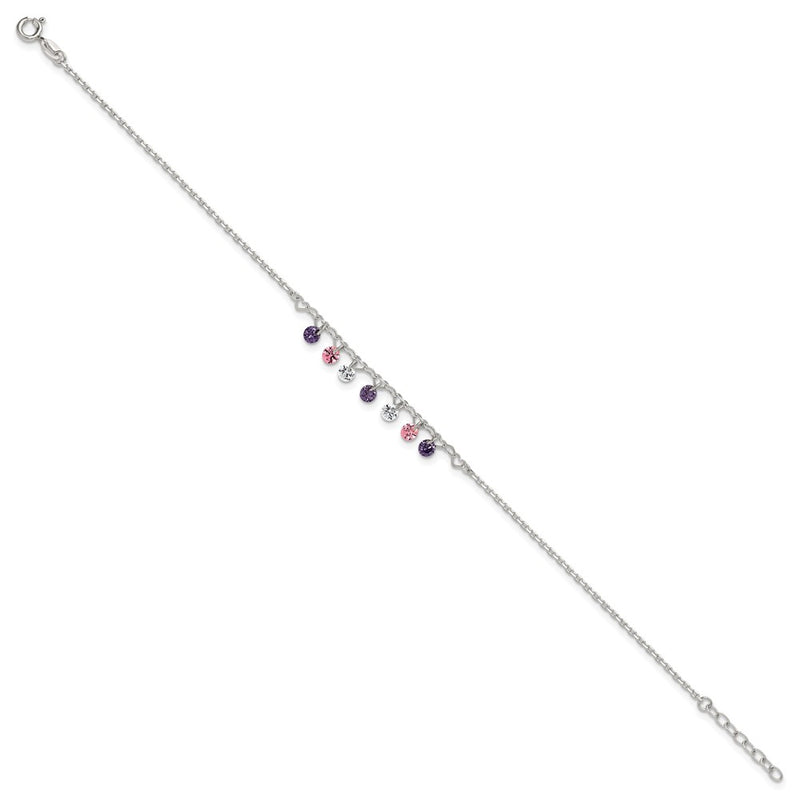 Sterling Silver Polished Multicolor CZ and Hearts 9in Plus 1in Ext Anklet
