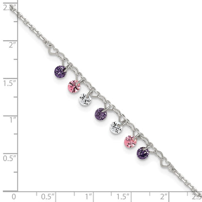 Sterling Silver Polished Multicolor CZ and Hearts 9in Plus 1in Ext Anklet