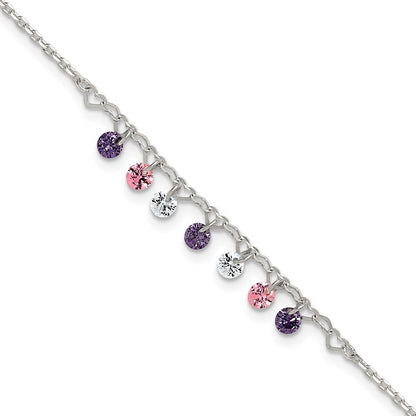 Sterling Silver Polished Multicolor CZ and Hearts 9in Plus 1in Ext Anklet