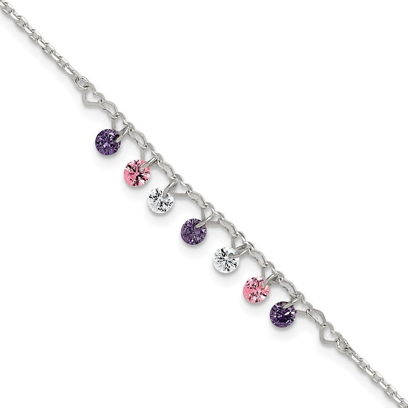 Sterling Silver Polished Multicolor CZ and Hearts 9in Plus 1in Ext Anklet
