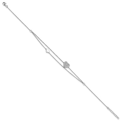 Sterling Silver Rhodium Plated Two-Strand CZ Hearts 9in Plus 1in Ext Anklet