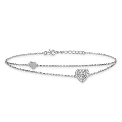 Sterling Silver Rhodium Plated Two-Strand CZ Hearts 9in Plus 1in Ext Anklet