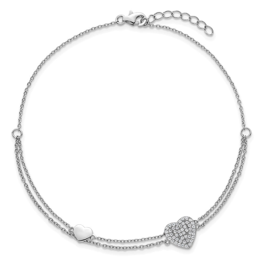 Sterling Silver Rhodium Plated Two-Strand CZ Hearts 9in Plus 1in Ext Anklet