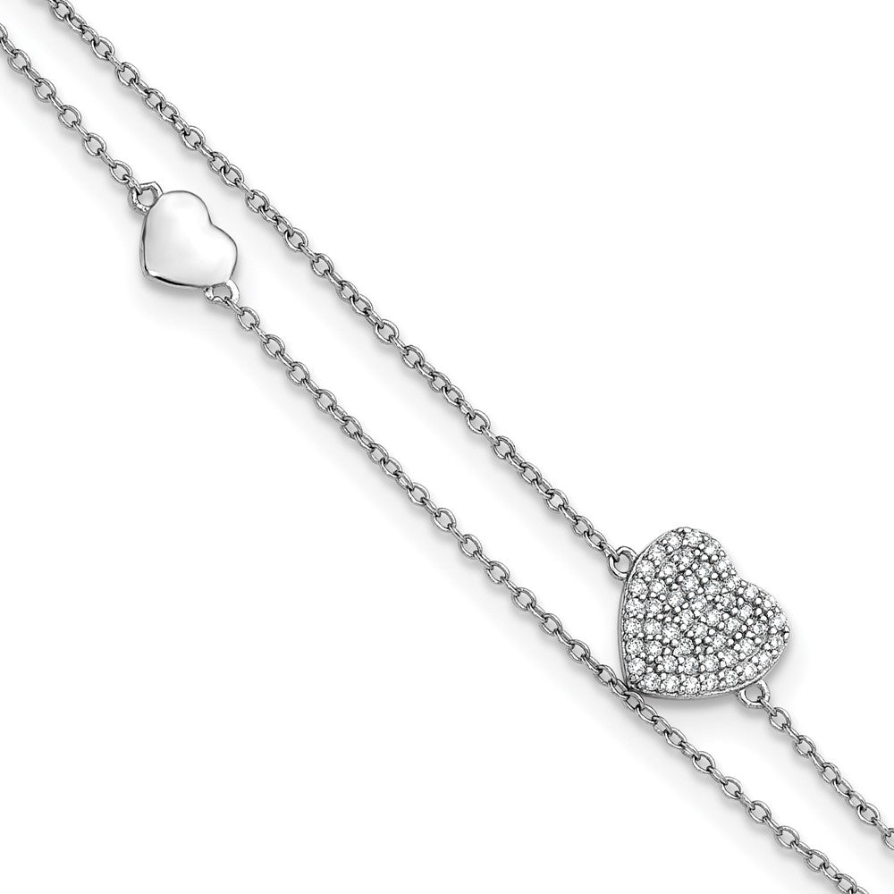 Sterling Silver Rhodium Plated Two-Strand CZ Hearts 9in Plus 1in Ext Anklet