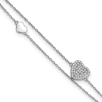 Sterling Silver Rhodium Plated Two-Strand CZ Hearts 9in Plus 1in Ext Anklet