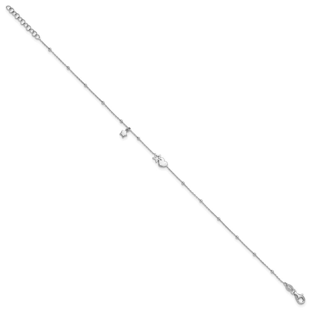 Sterling Silver Rhodium Plated Heart and Stars with Stations 9in Plus 1in Ext. Anklet