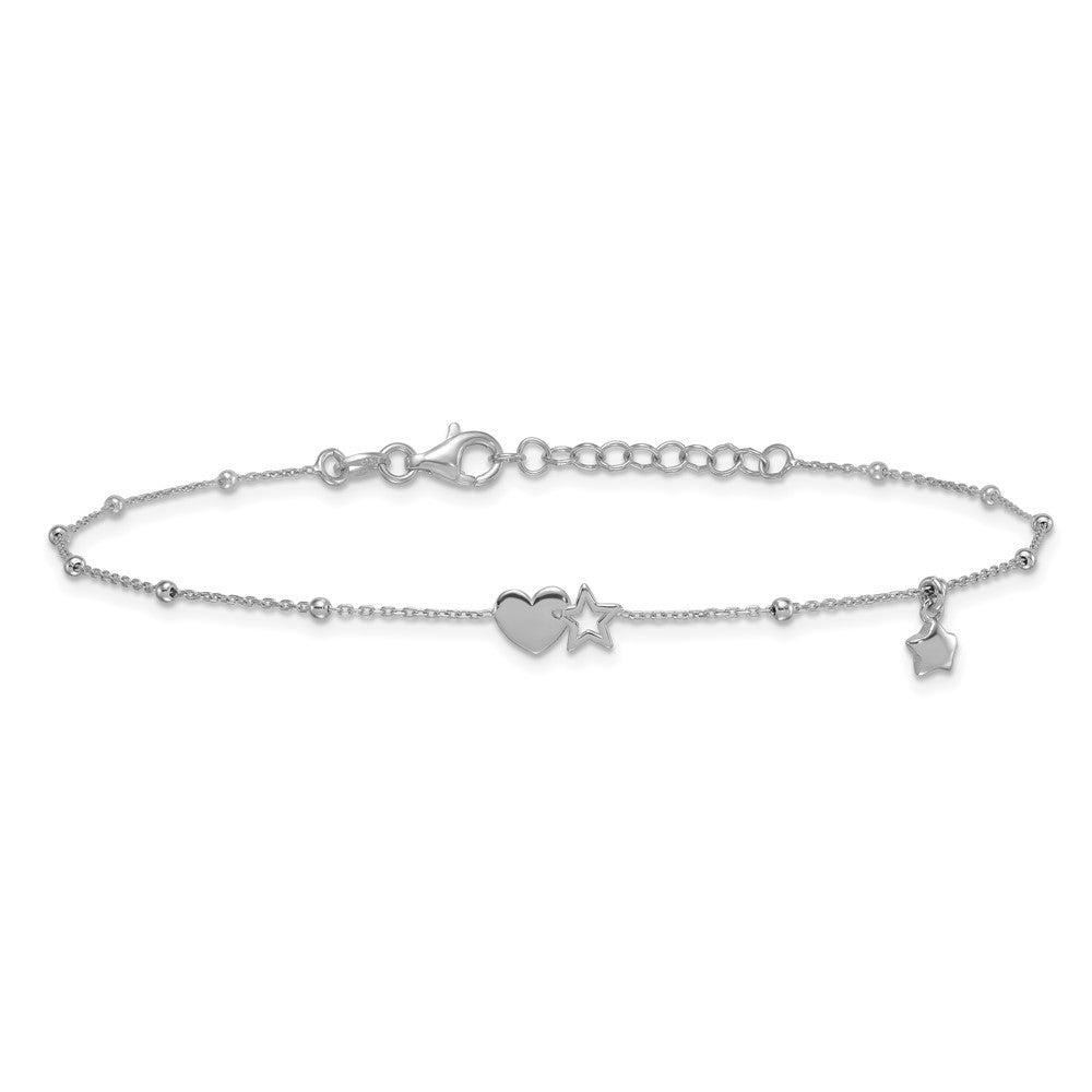 Sterling Silver Rhodium Plated Heart and Stars with Stations 9in Plus 1in Ext. Anklet