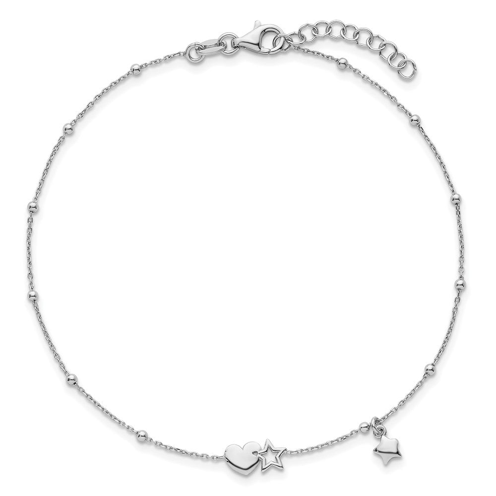 Sterling Silver Rhodium Plated Heart and Stars with Stations 9in Plus 1in Ext. Anklet