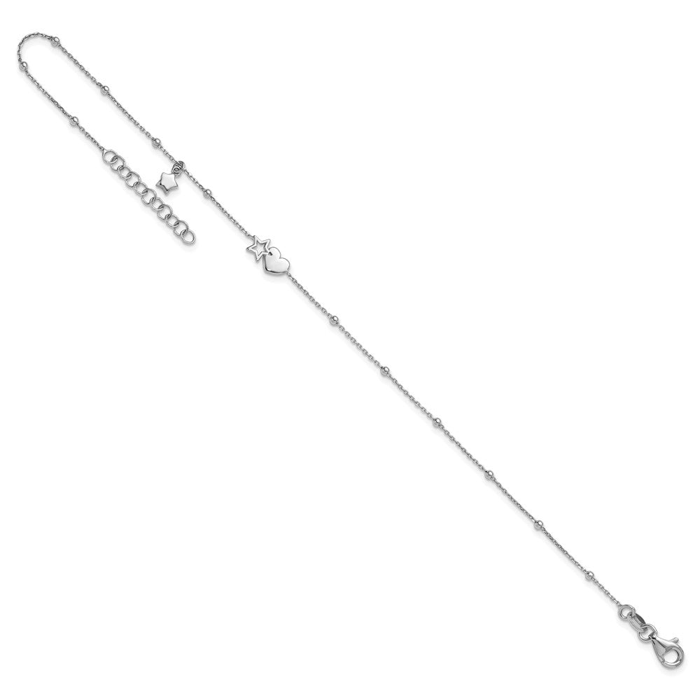 Sterling Silver Rhodium Plated Heart and Stars with Stations 9in Plus 1in Ext. Anklet