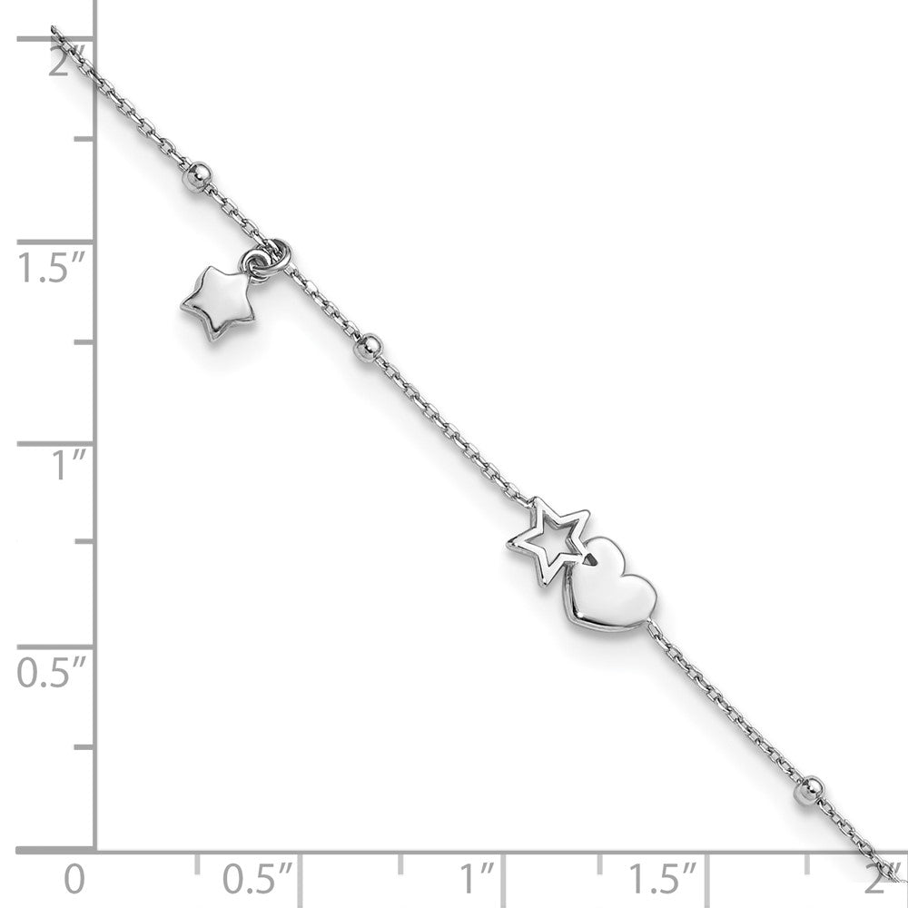 Sterling Silver Rhodium Plated Heart and Stars with Stations 9in Plus 1in Ext. Anklet