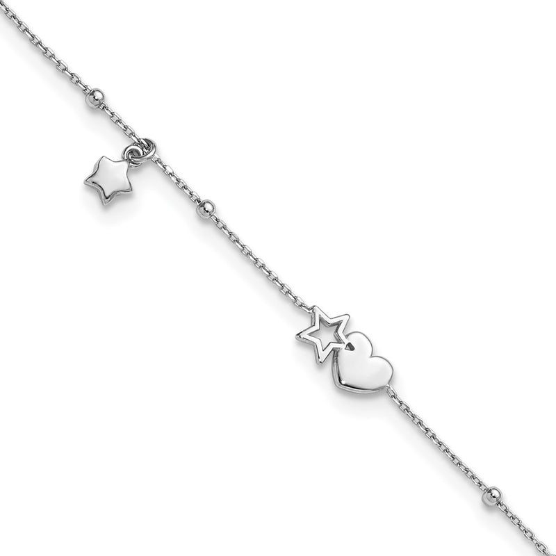 Sterling Silver Rhodium Plated Heart and Stars with Stations 9in Plus 1in Ext. Anklet