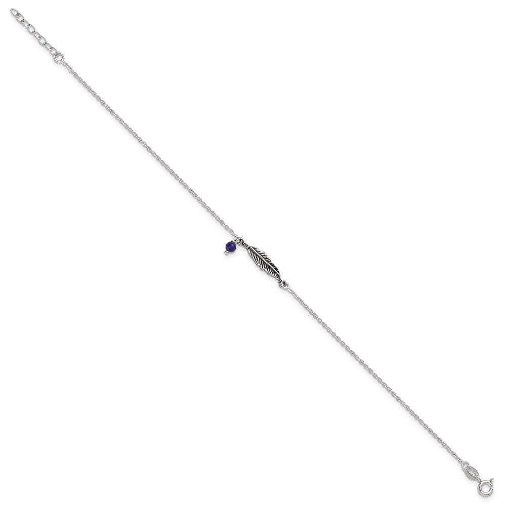 Sterling Silver Oxidized Polished Blue Lapis Bead and Feather 9in Plus 1in Ext Ankl