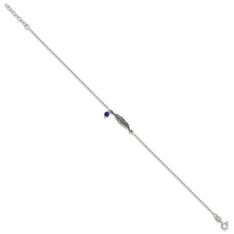 Sterling Silver Oxidized Polished Blue Lapis Bead and Feather 9in Plus 1in Ext Ankl