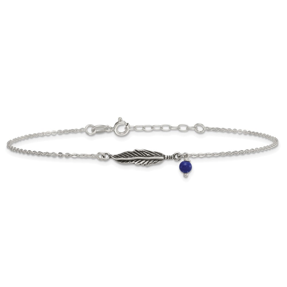 Sterling Silver Oxidized Polished Blue Lapis Bead and Feather 9in Plus 1in Ext Ankl