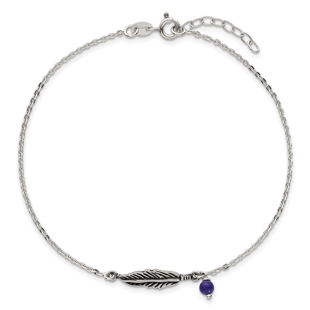 Sterling Silver Oxidized Polished Blue Lapis Bead and Feather 9in Plus 1in Ext Ankl