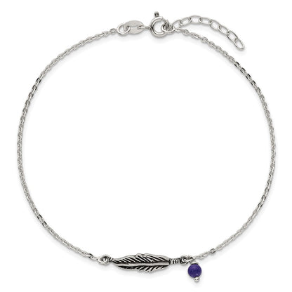 Sterling Silver Oxidized Polished Blue Lapis Bead and Feather 9in Plus 1in Ext Ankl