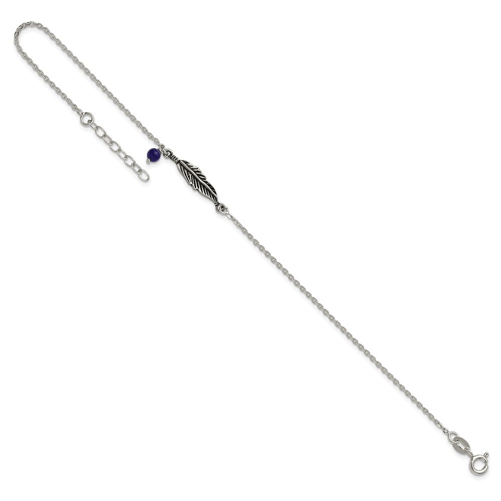 Sterling Silver Oxidized Polished Blue Lapis Bead and Feather 9in Plus 1in Ext Ankl