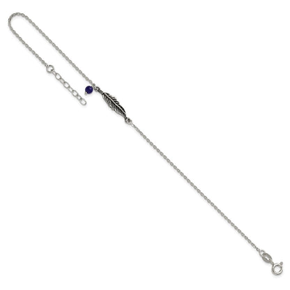 Sterling Silver Oxidized Polished Blue Lapis Bead and Feather 9in Plus 1in Ext Ankl