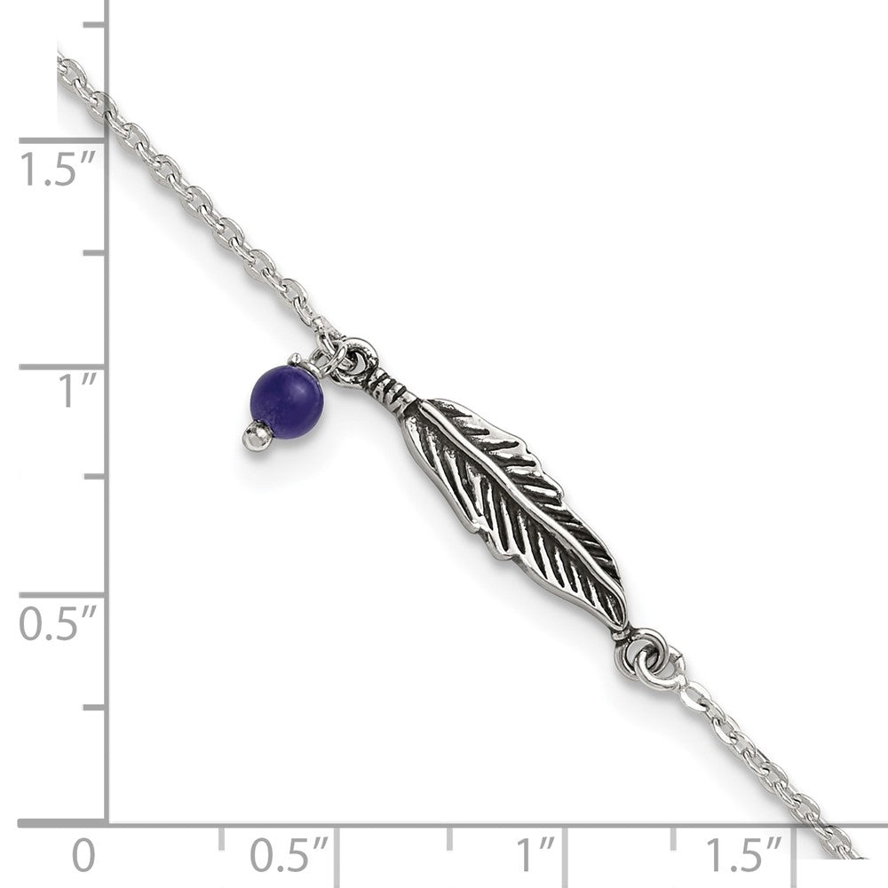 Sterling Silver Oxidized Polished Blue Lapis Bead and Feather 9in Plus 1in Ext Ankl