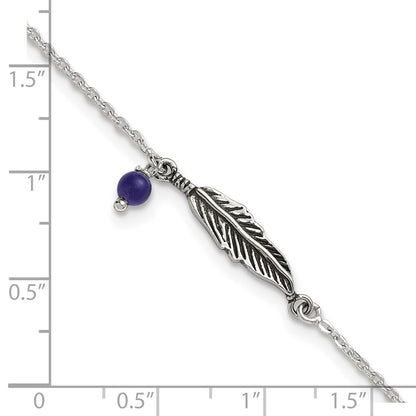 Sterling Silver Oxidized Polished Blue Lapis Bead and Feather 9in Plus 1in Ext Ankl