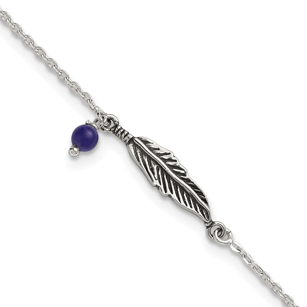 Sterling Silver Oxidized Polished Blue Lapis Bead and Feather 9in Plus 1in Ext Ankl