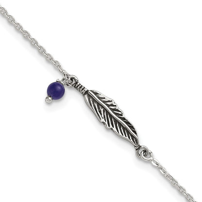 Sterling Silver Oxidized Polished Blue Lapis Bead and Feather 9in Plus 1in Ext Ankl