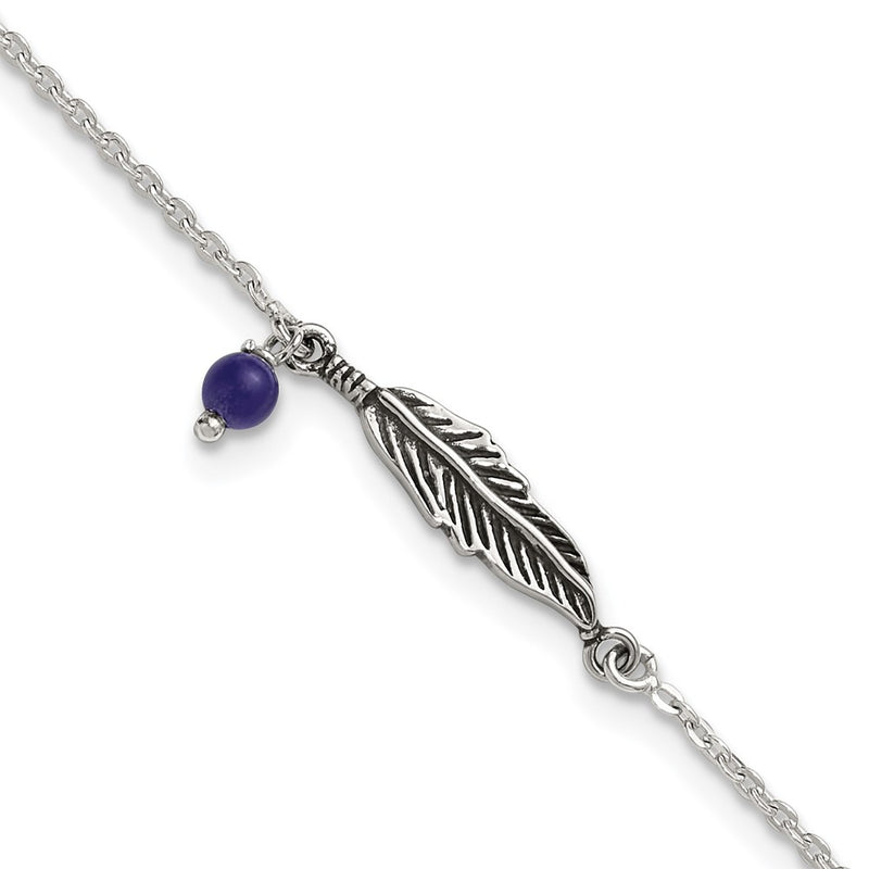 Sterling Silver Oxidized Polished Blue Lapis Bead and Feather 9in Plus 1in Ext Ankl