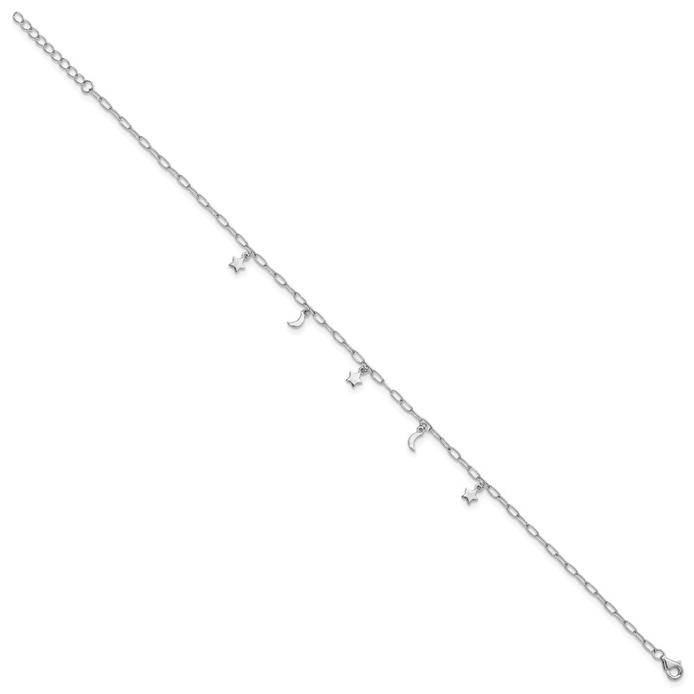 Sterling Silver Rhodium Plated Polished Moon and Star 9in Plus 1in Ext Anklet