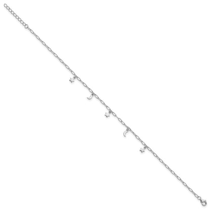 Sterling Silver Rhodium Plated Polished Moon and Star 9in Plus 1in Ext Anklet