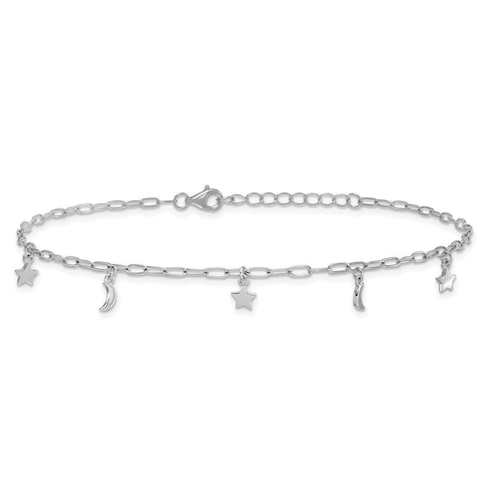 Sterling Silver Rhodium Plated Polished Moon and Star 9in Plus 1in Ext Anklet