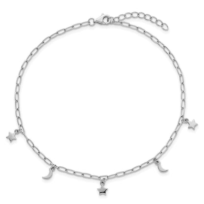 Sterling Silver Rhodium Plated Polished Moon and Star 9in Plus 1in Ext Anklet