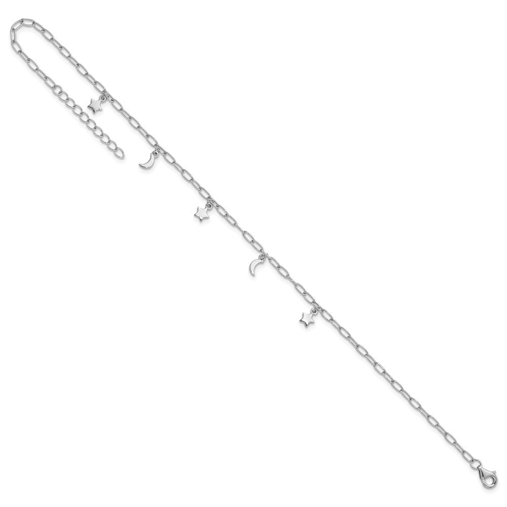 Sterling Silver Rhodium Plated Polished Moon and Star 9in Plus 1in Ext Anklet