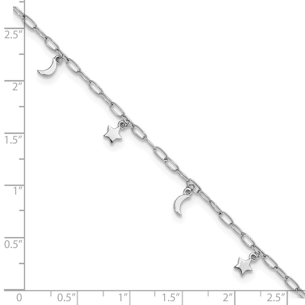 Sterling Silver Rhodium Plated Polished Moon and Star 9in Plus 1in Ext Anklet