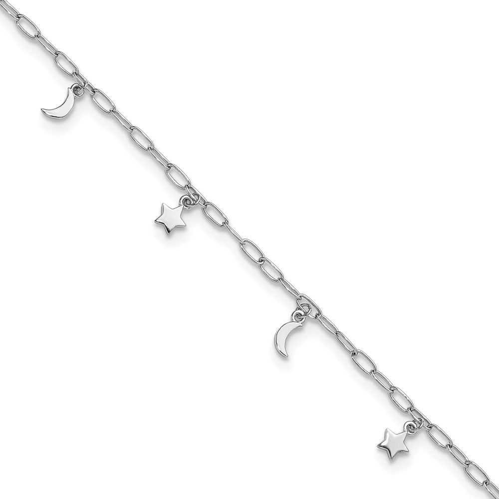 Sterling Silver Rhodium Plated Polished Moon and Star 9in Plus 1in Ext Anklet