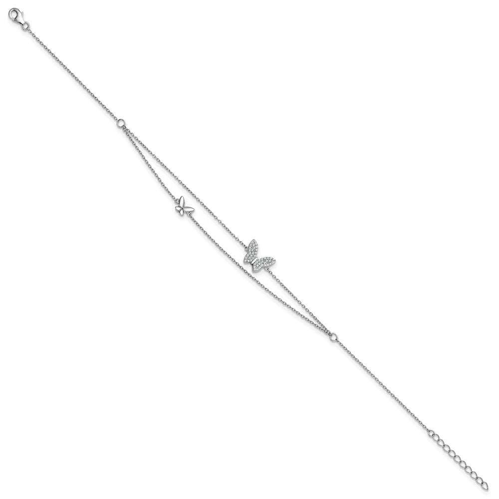 Sterling Silver Rhodium Plated Two-Strand CZ Butterflies 9in Plus 1in Ext Anklet