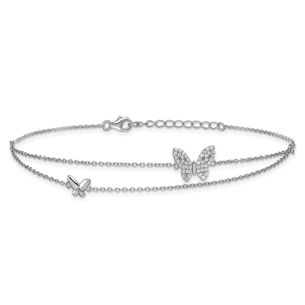 Sterling Silver Rhodium Plated Two-Strand CZ Butterflies 9in Plus 1in Ext Anklet