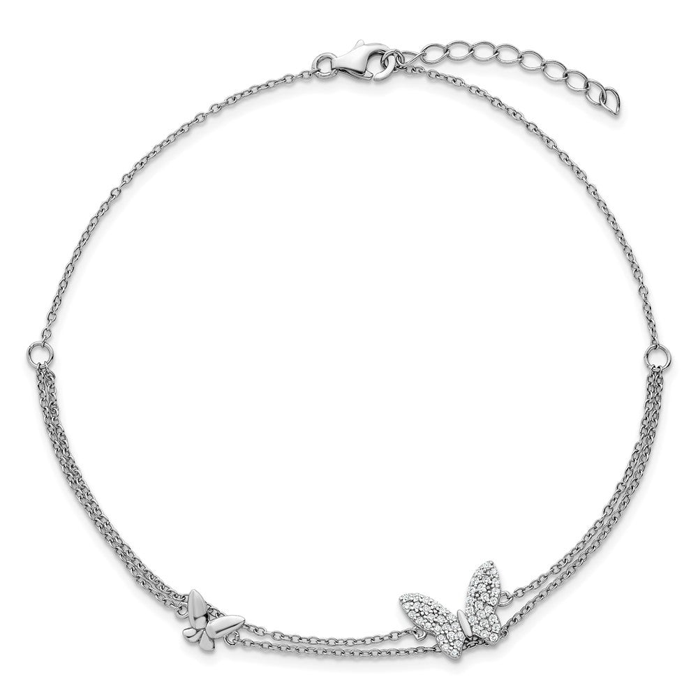 Sterling Silver Rhodium Plated Two-Strand CZ Butterflies 9in Plus 1in Ext Anklet