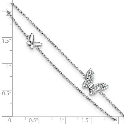 Sterling Silver Rhodium Plated Two-Strand CZ Butterflies 9in Plus 1in Ext Anklet
