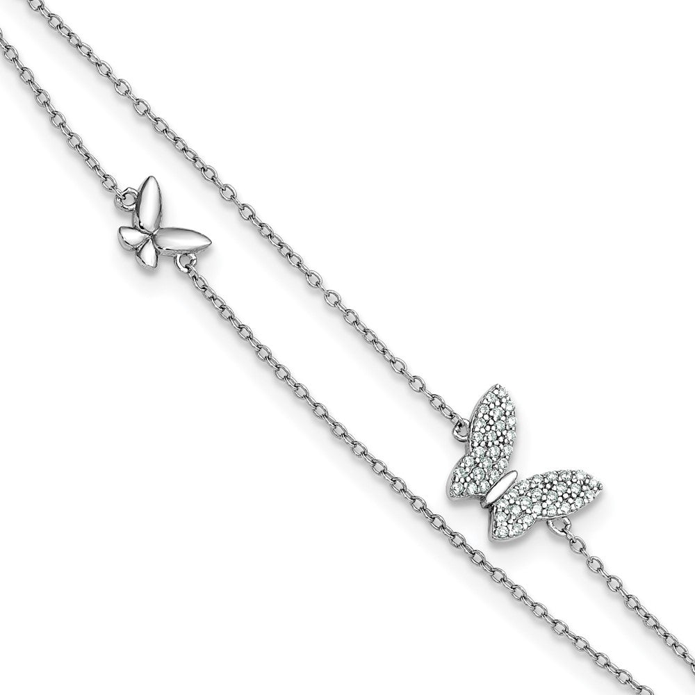 Sterling Silver Rhodium Plated Two-Strand CZ Butterflies 9in Plus 1in Ext Anklet