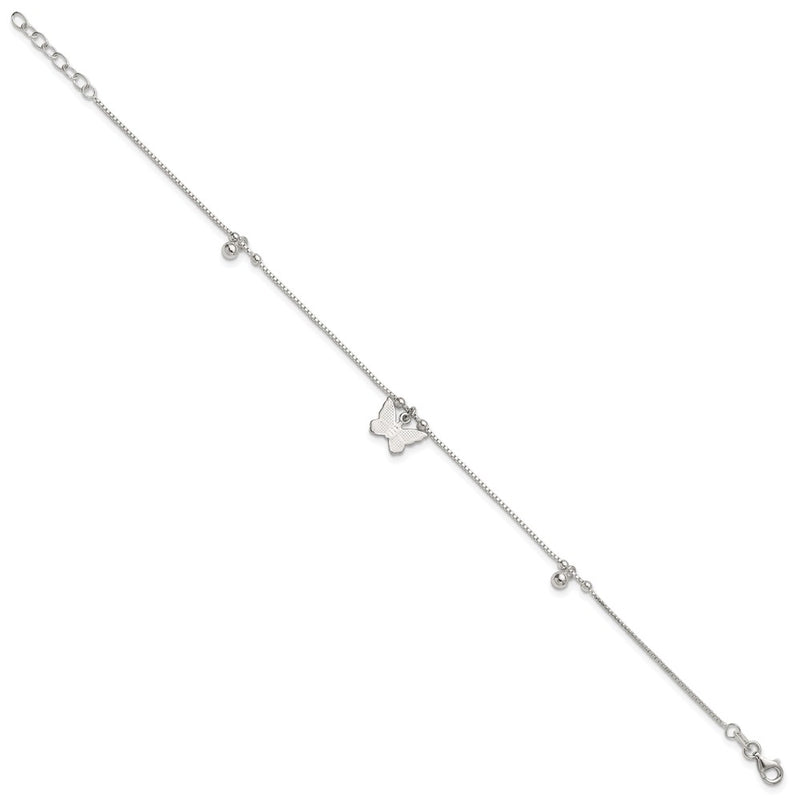 Sterling Silver Textured and Beaded Butterfly 9in Plus 1in Ext Anklet