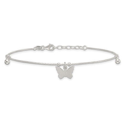 Sterling Silver Textured and Beaded Butterfly 9in Plus 1in Ext Anklet