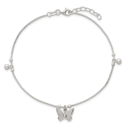 Sterling Silver Textured and Beaded Butterfly 9in Plus 1in Ext Anklet