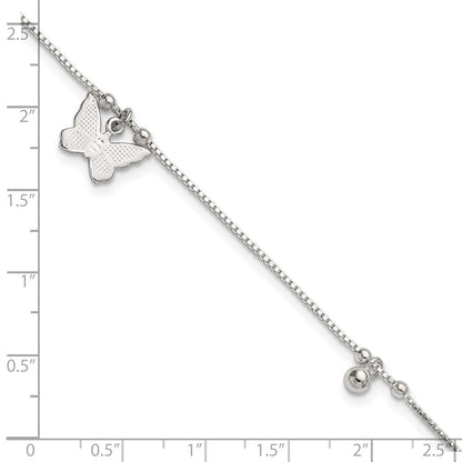 Sterling Silver Textured and Beaded Butterfly 9in Plus 1in Ext Anklet