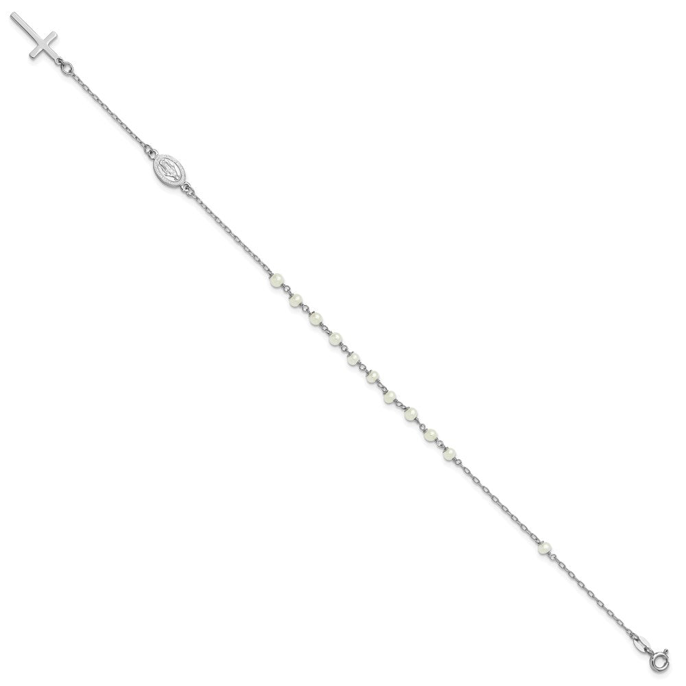 Sterling Silver Rhodium Plated Fwc Pearl Cross Rosary Themed 10in Anklet