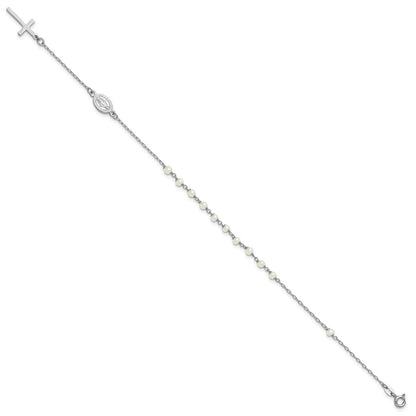 Sterling Silver Rhodium Plated Fwc Pearl Cross Rosary Themed 10in Anklet
